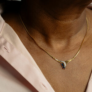 Collier Maille Anglaise 2 Tons Saphirs Diamants Or Jaune 18K 45cm